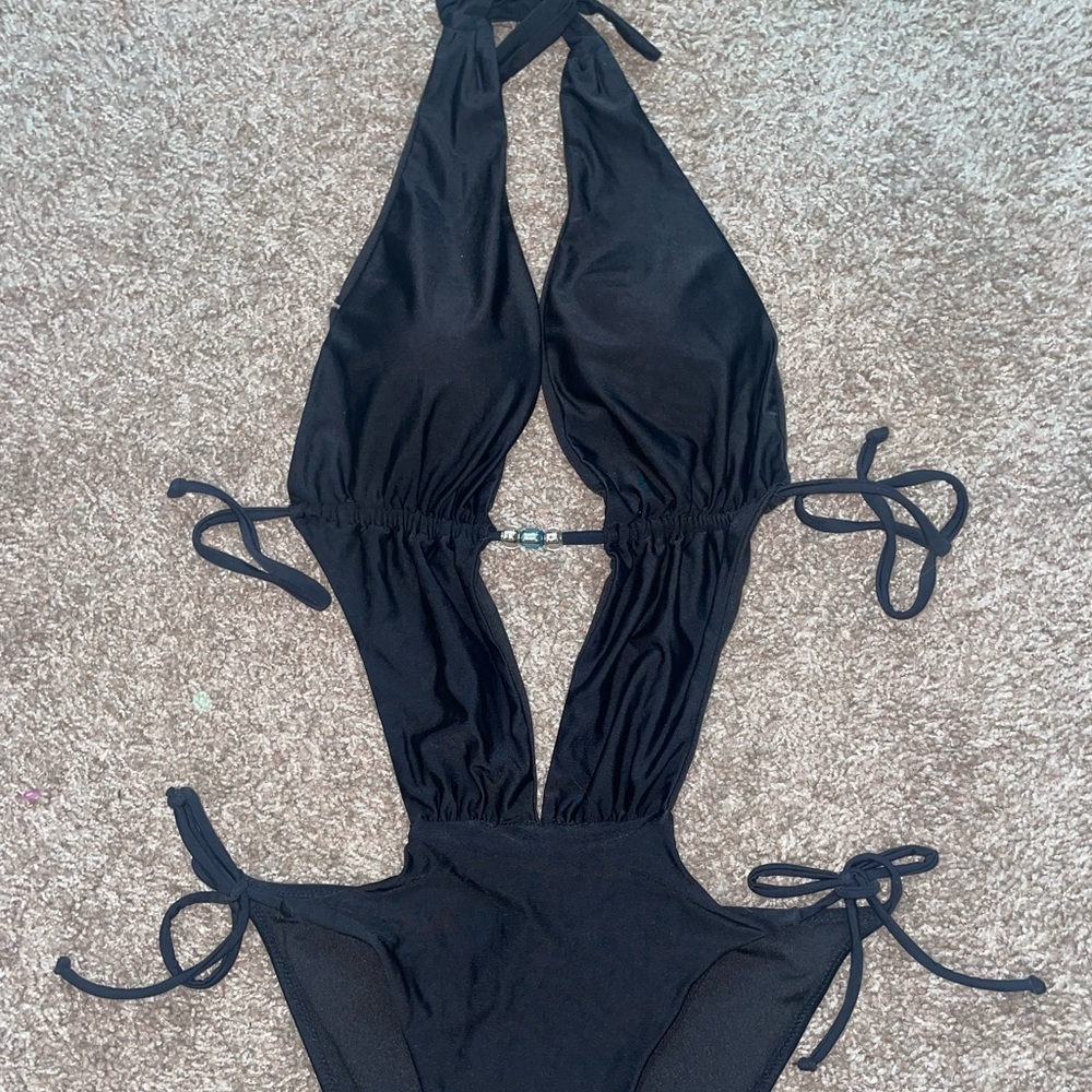 Chanel 90s Vintage bathing suit one piece black with beads